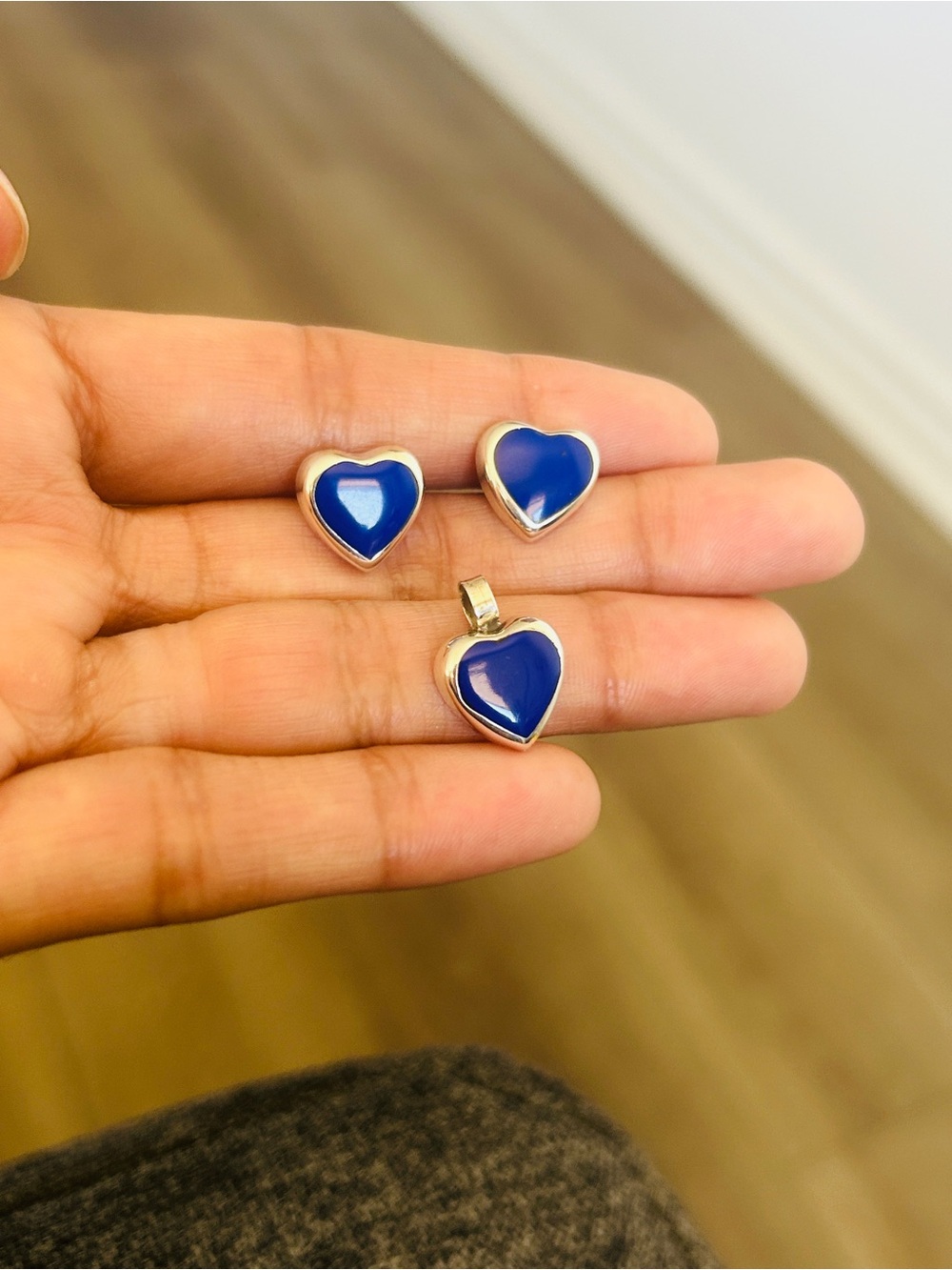 Taxco Mexico .925 Sterling Silver Heart Set – Blue Stone –Pendant 1.5 CM